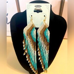 Beaded Dangle Earrings in Gold, White and Turquoise